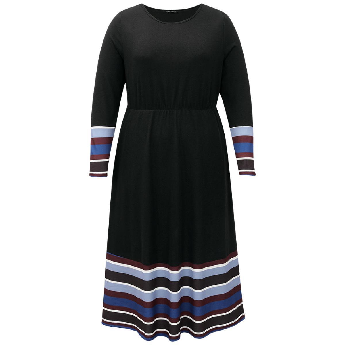 Plus Size Striped Patchwork Contrast Crew Neck Dress Black Women Casual Contrast Round Neck Long Sleeve Curvy Midi Dress BloomChic 18-20/2X Product Image