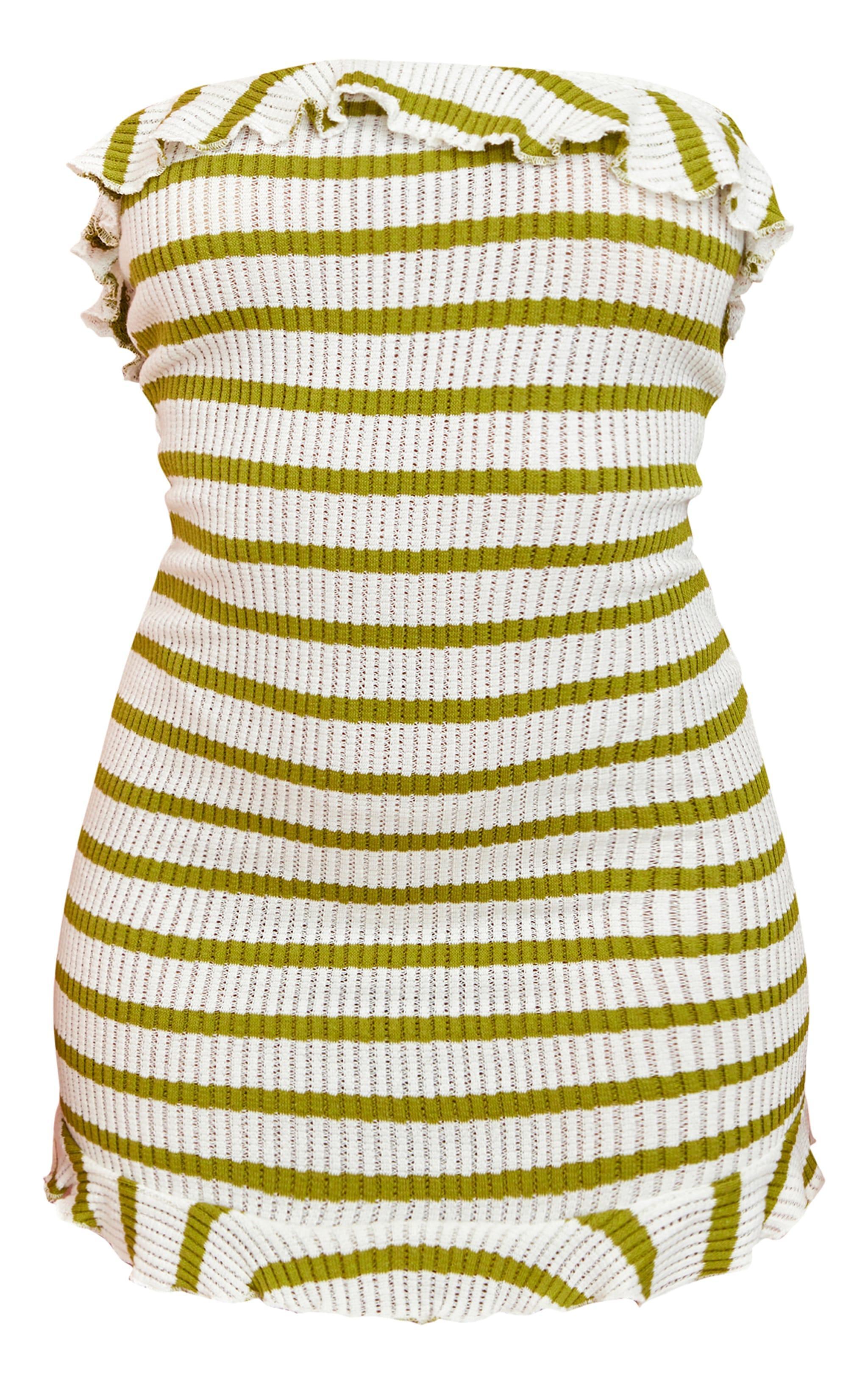 Green Striped Bandeau Frill Hem Textured Bodycon Dress Product Image