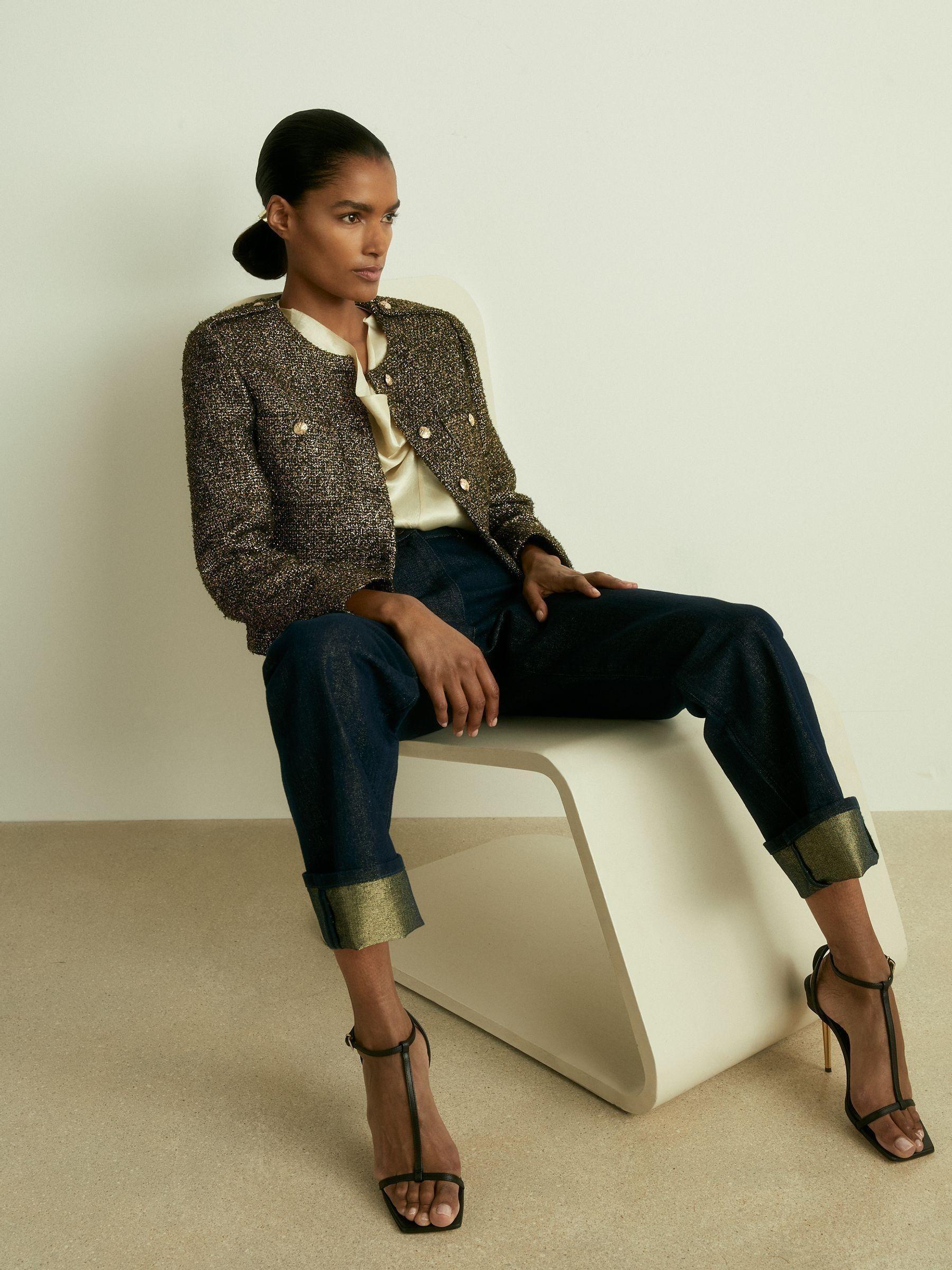 Petite Metallic Knit Cropped Jacket in Gold Product Image