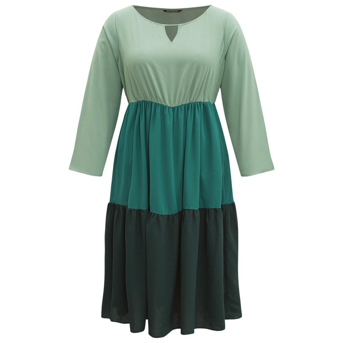Plus Size Colorblock Contrast Keyhole Layered Hem Dress Mint Women Casual Plain Keyhole Cut-Out Long Sleeve Curvy Midi Dress BloomChic 10/M Product Image