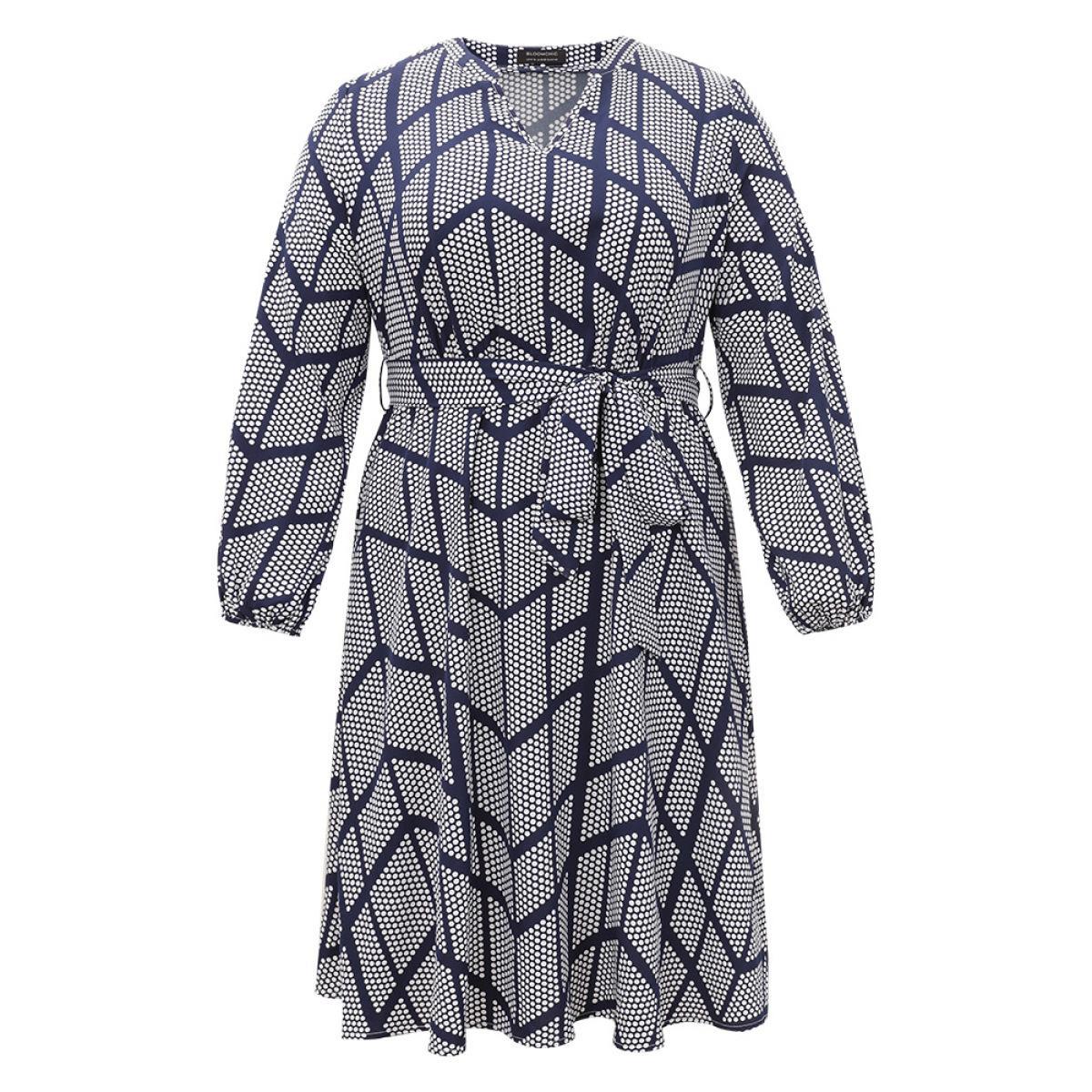 Plus Size Polka Dot Geometric Belted Lantern Sleeve Dress Black Women Office Elastic cuffs Notched collar Long Sleeve Curvy Midi Dress BloomChic 14-16/1X Product Image