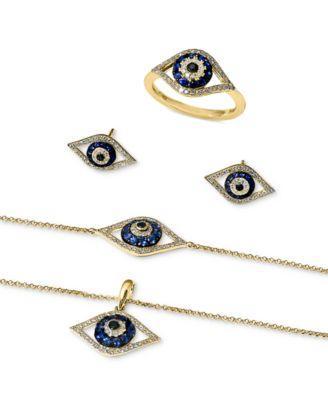 Womens 14K Yellow Gold, Blue Sapphire & 0.21 TCW Diamond Evil Eye Stud Earrings Product Image