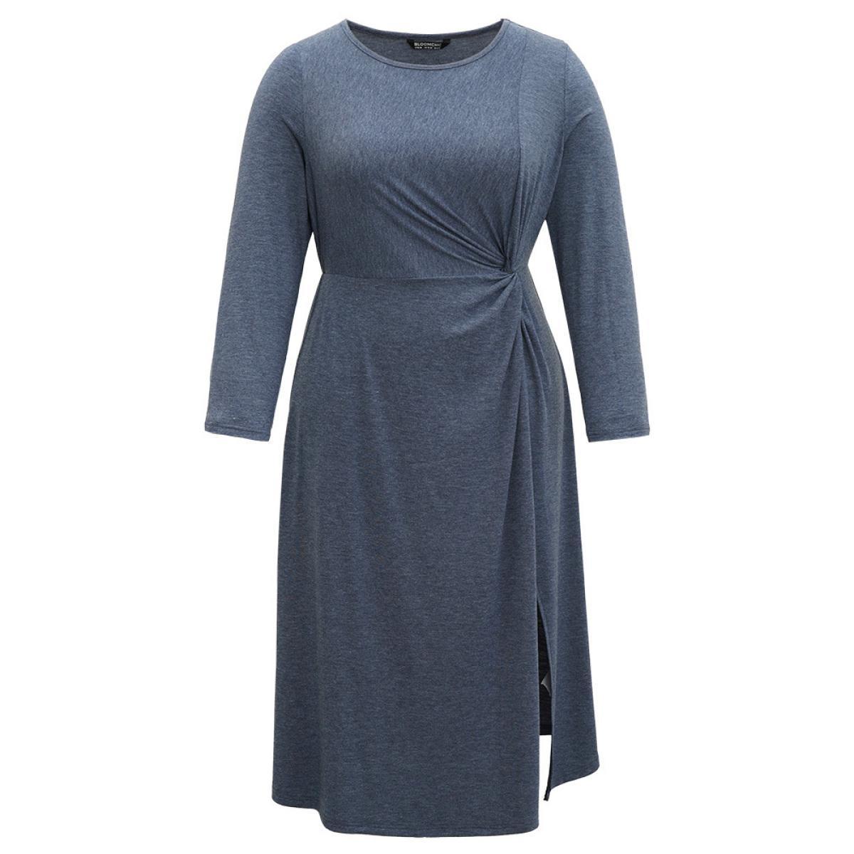 Plus Size Plain Crew Neck Twist Front Split Hem Dress Indigo Women Casual Plain Round Neck Long Sleeve Curvy Midi Dress BloomChic 28/5X Product Image