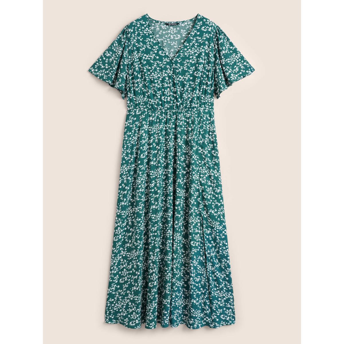 Ditsy Floral Printed Vintage Plus Size Women Vacation Long Dress Ruffle Sleeve Half Sleeve V Neck Pocket Elegance Dresses BloomChic Product Image