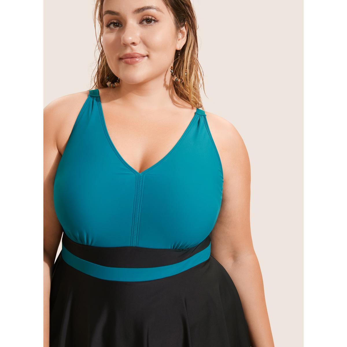 Plus Size V Neck Two Tone Patchwork Swim Dress Women's Swimwear Emerald Beach Bodycon V-neck High stretch Curve Swim Dresses BloomChic 28/5X Product Image