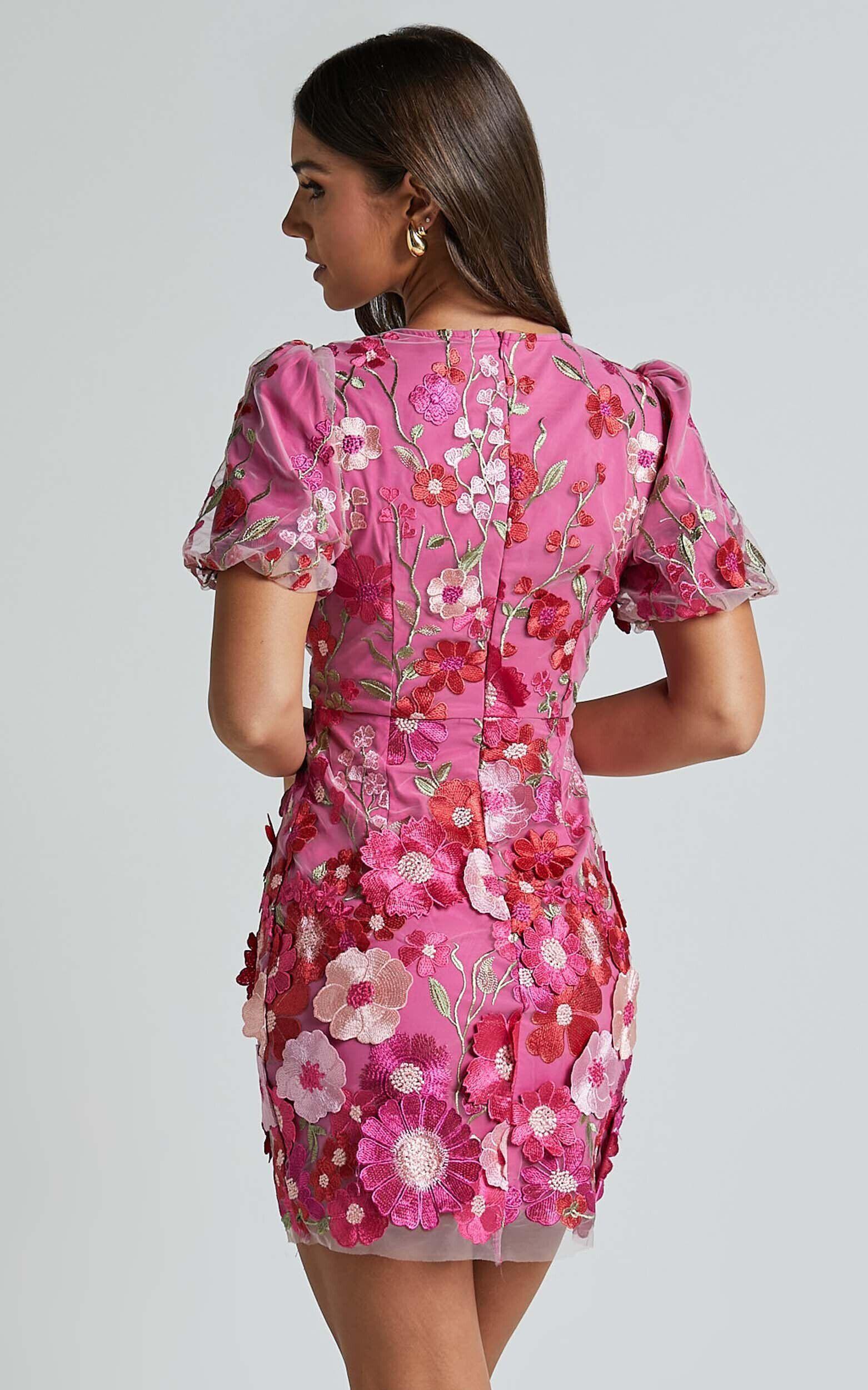 Wren Mini Dress - Puff Sleeve Bodycon 3d Garden Flowers Dress in Magenta Product Image