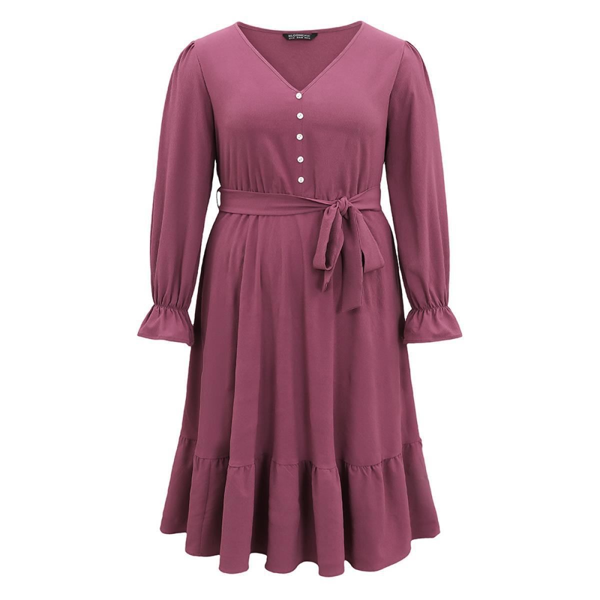 Plus Size Button Detail Belted Ruffle Layered Hem Dress Mauve Women Work From Home Plain V-neck Long Sleeve Curvy Midi Dress BloomChic 14-16/1X Product Image