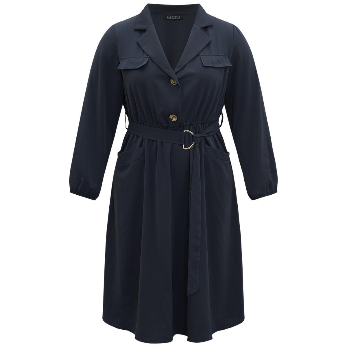 Plus Size Anti-Wrinkle Suit Collar Pocket Belted Shirt Dress Navy Women At the Office Gathered Suit Collar Long Sleeve Curvy Midi Dress BloomChic 10/M Product Image