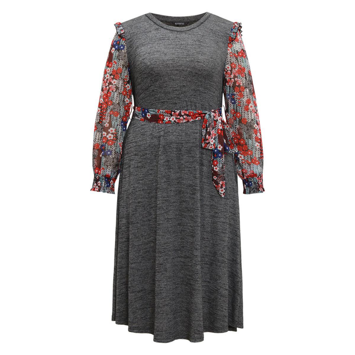 Plus Size Ditsy Floral Patchwork Ruffle Trim Belted Dress DimGray Women Casual Belted Round Neck Long Sleeve Curvy Midi Dress BloomChic 18-20/2X Product Image