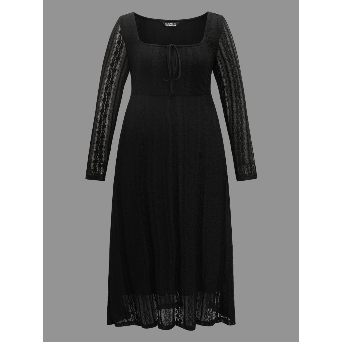 Plus Size Lace Panel Square Neck Tie Knot Dress Black Women Elegant Tie knot Square Neck Long Sleeve Curvy BloomChic 18-20/2X Product Image