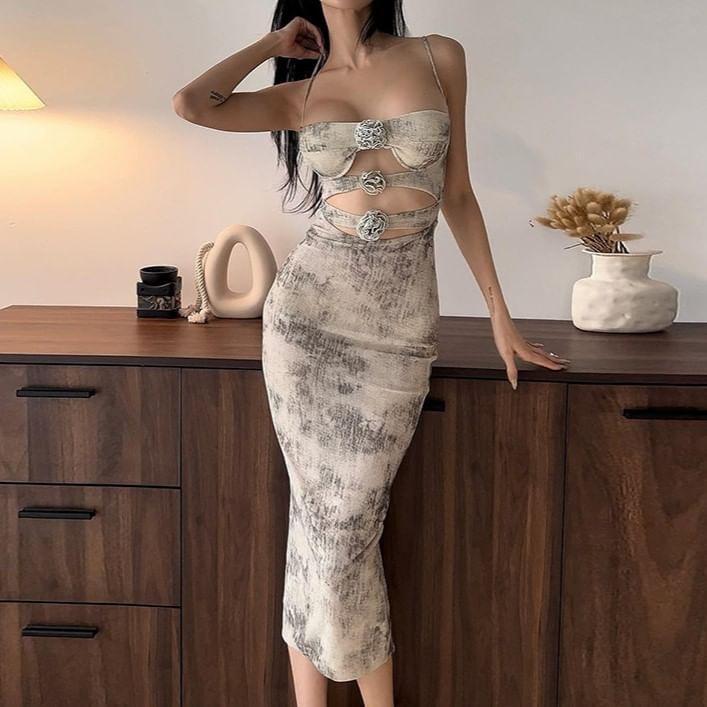 Spaghetti Strap Floral Cut Out Bodycon Mini Dress Product Image