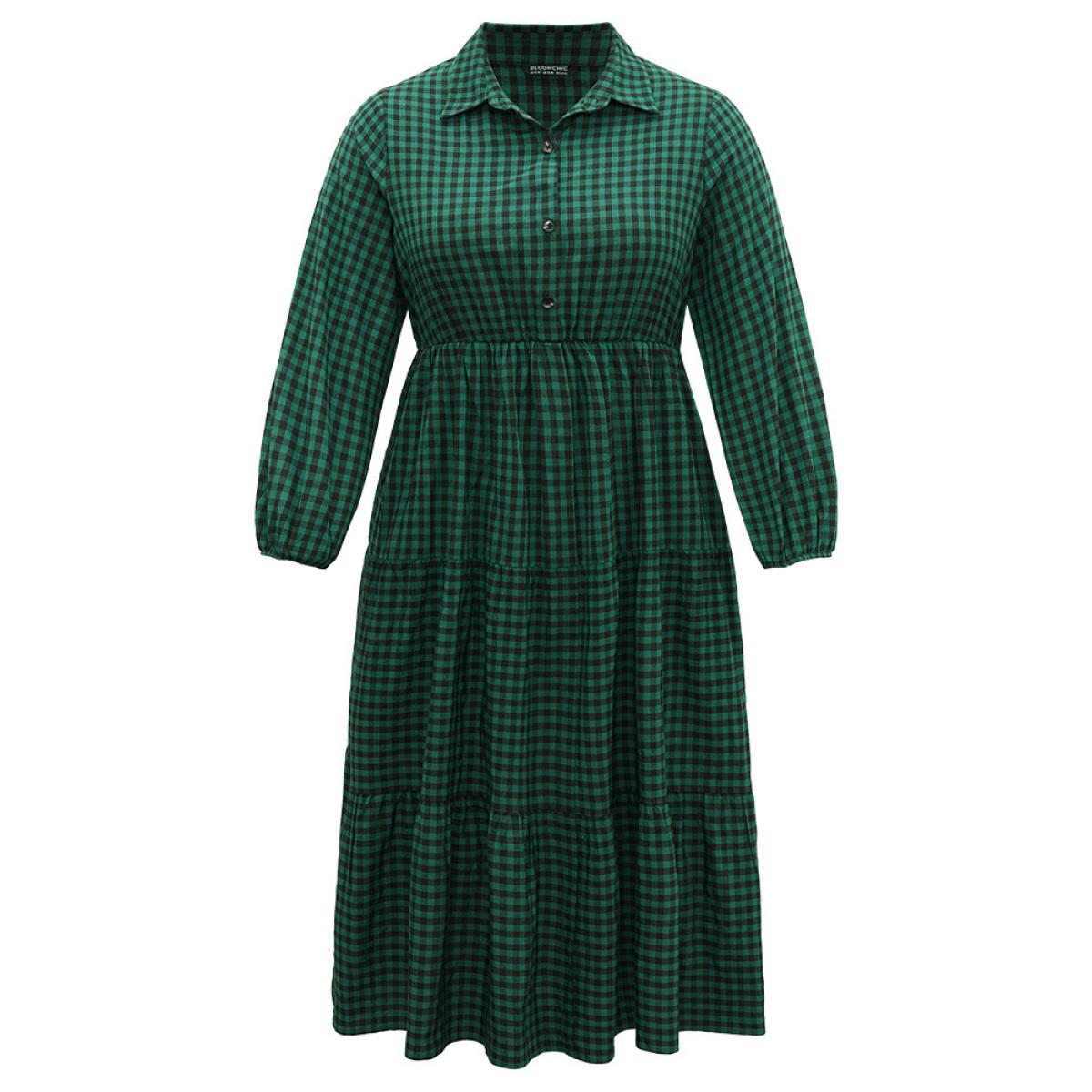 Plus Size Gingham Pocket Button Up Elastic Waist Dress DarkGreen Women Casual Elastic cuffs Shirt collar Long Sleeve Curvy Midi Dress BloomChic 30/6X Product Image