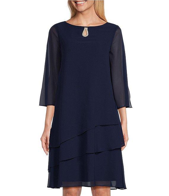 Marina Split 3/4 Sleeve Round Beaded Keyhole Neck Asymmetrical Tiered Chiffon Trapeze Dress Product Image