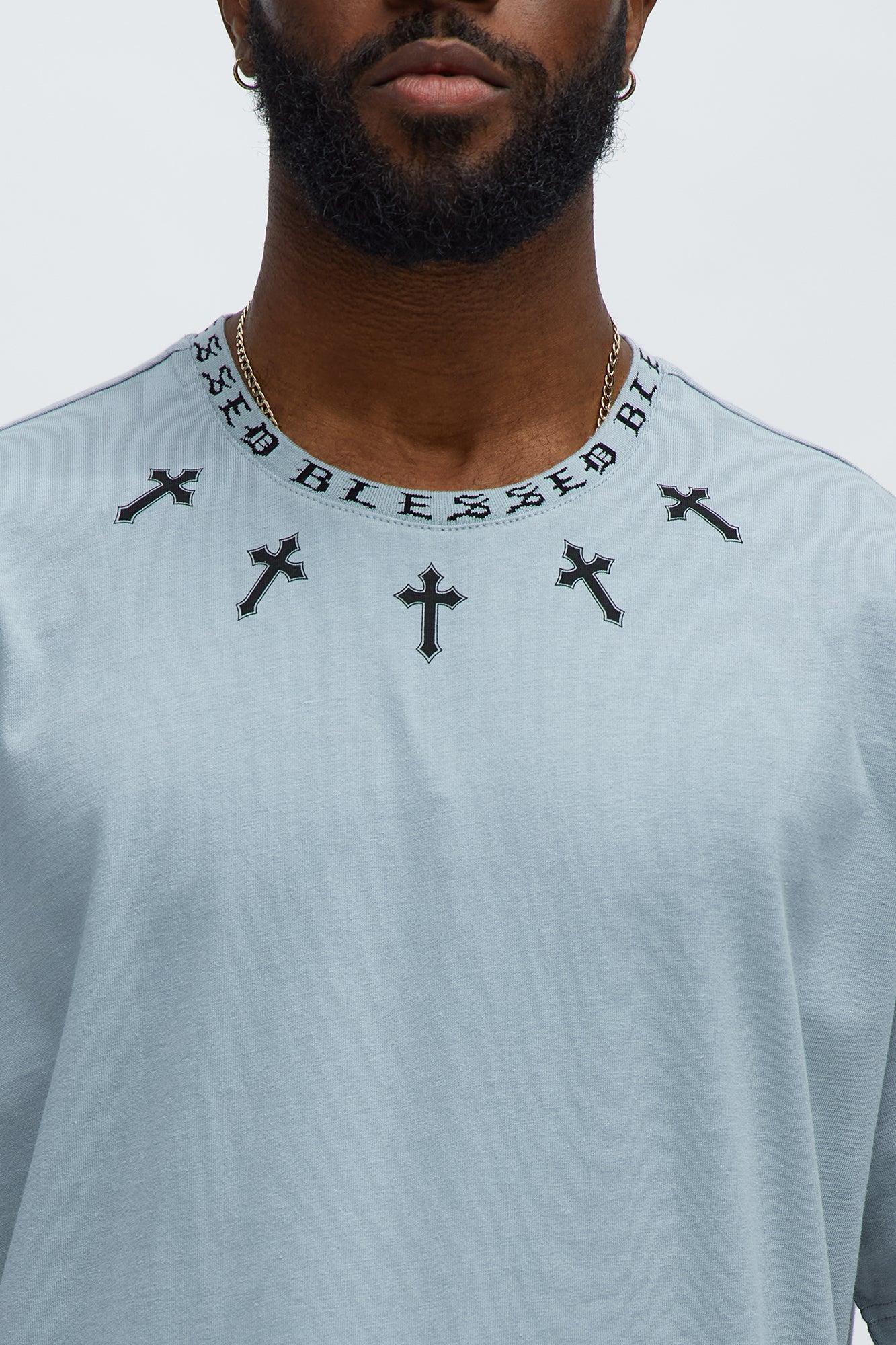 Short Sleeve Blessed Graphic Collar Tee - Grey Product Image