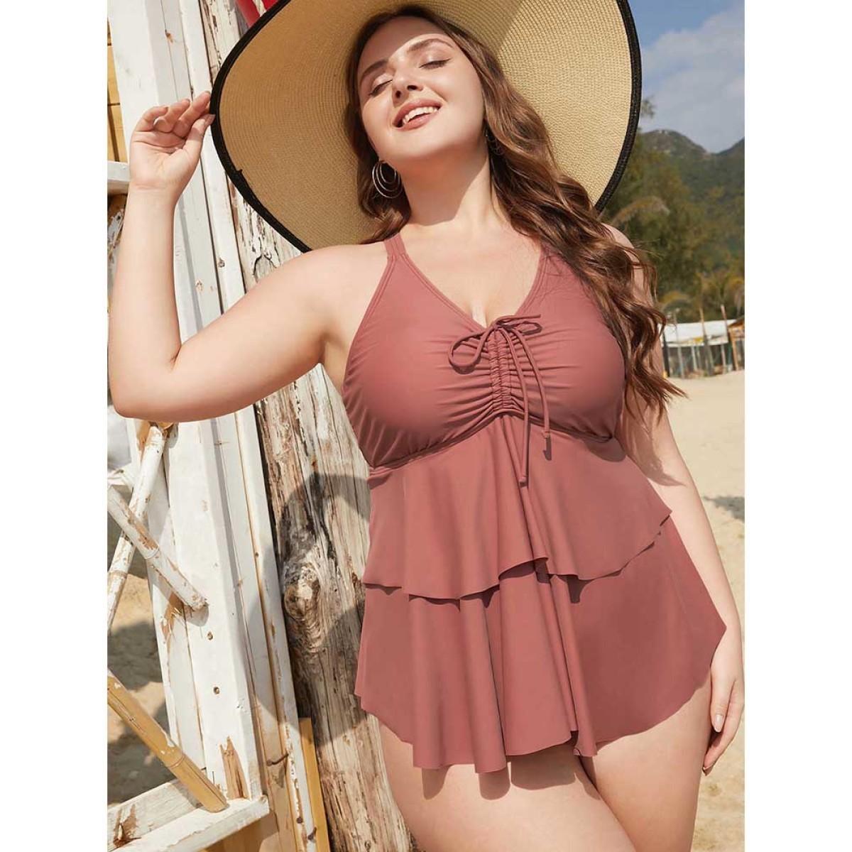 Plus Size Drawstring Crisscross Back Ruffle Tiered Tankini Top Women's Swimwear Russet Vacation Adjustable Straps High stretch Bodycon V-neck Curve Swim Tops BloomChic 18-20/2X Product Image