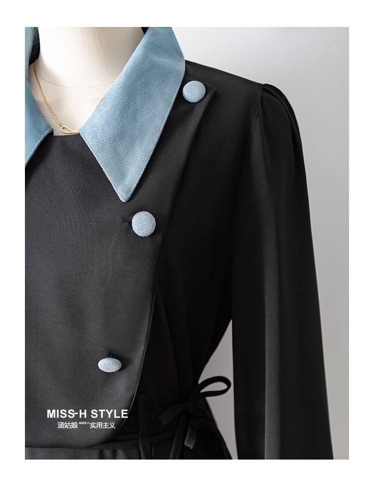 Long Sleeve Contrast Collar Button Mock Two Piece Midi A-Line Dress Product Image