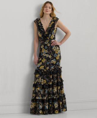 Lauren Ralph Lauren Womens Tiered Ruffled Floral Gown Product Image