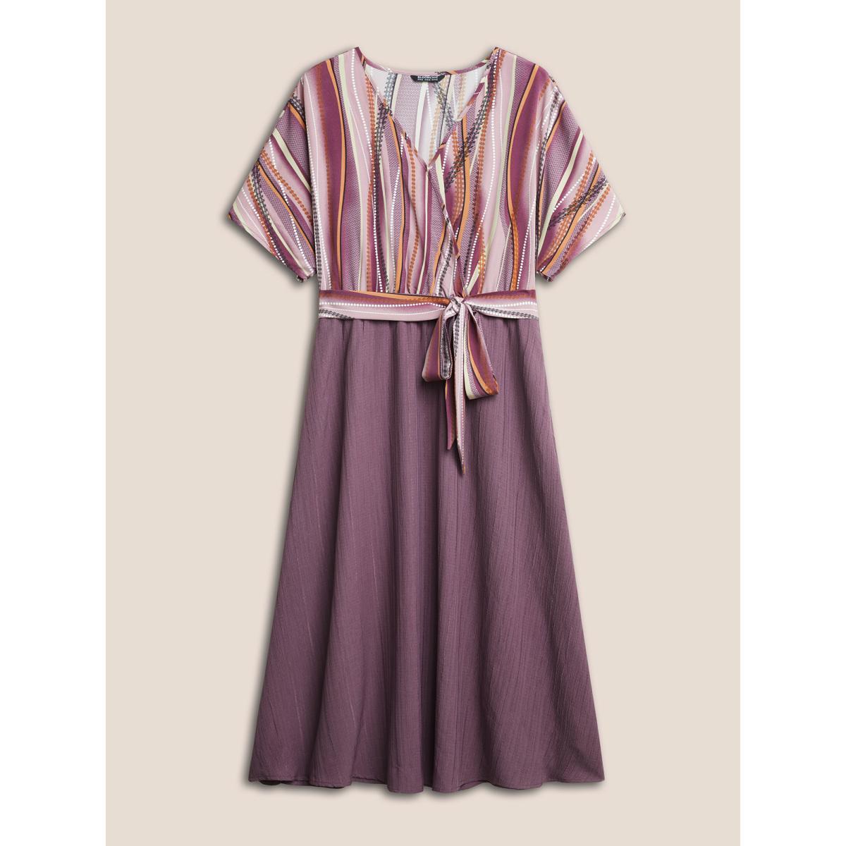 Plus Size Striped Patchwork Overlap Collar Ties Dress Mauve Women Resort Non Overlap Collar Short sleeve Curvy Midi Dress BloomChic 30/6X Product Image