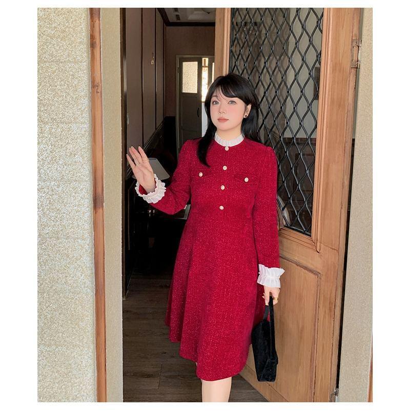 Plus Size Long-Sleeve Stand Collar Two Tone Ruffle Trim A-Line Dress Product Image