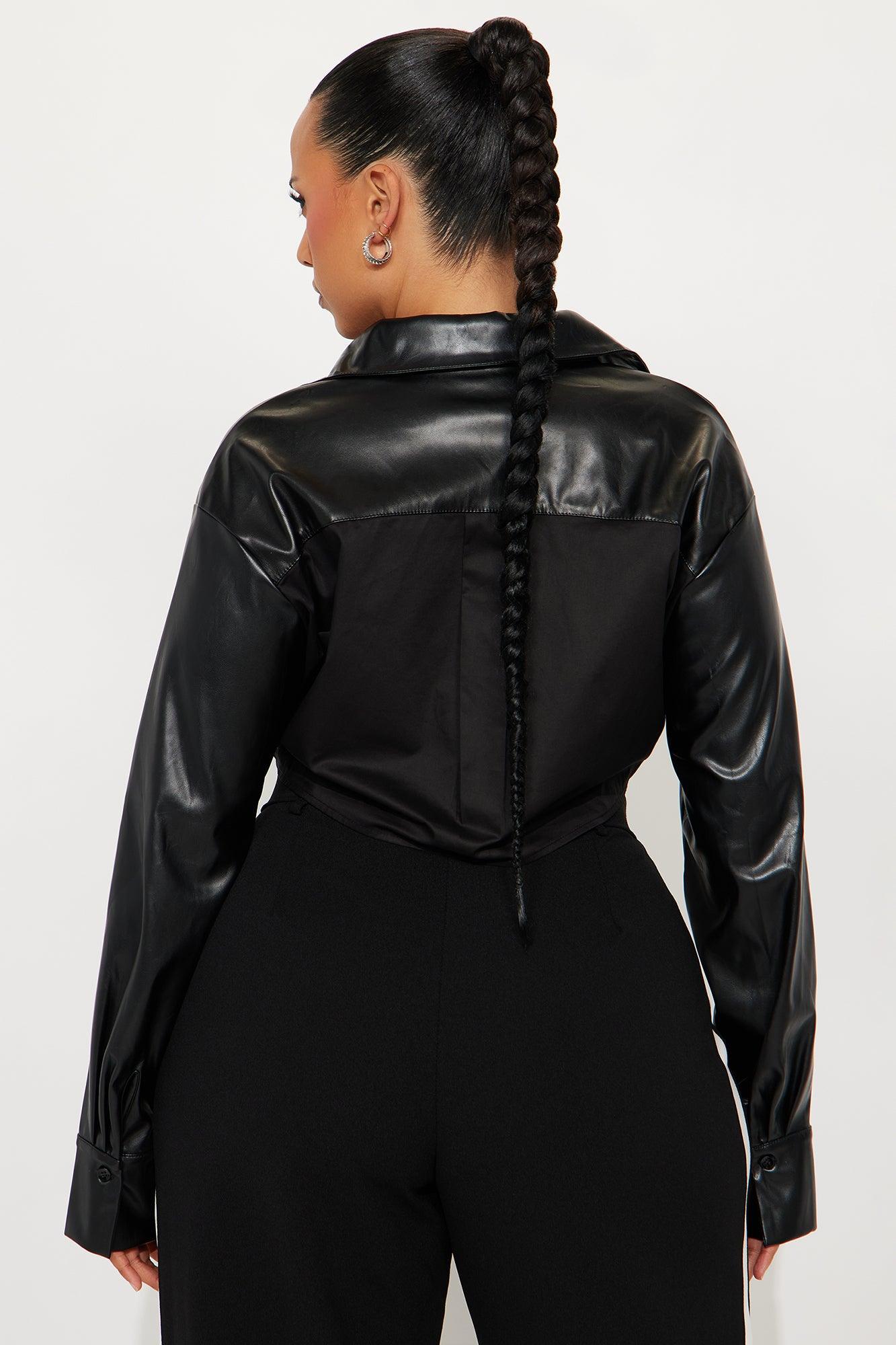 Hey Way Poplin Contrast Faux Leather Shirt - Black Product Image