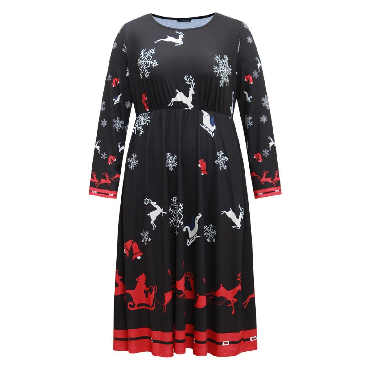 Plus Size Christmas Elk Print Contrast Elastic Waist Dress Black Women Office Printed Round Neck Long Sleeve Curvy Midi Dress BloomChic 22-24/3X Product Image