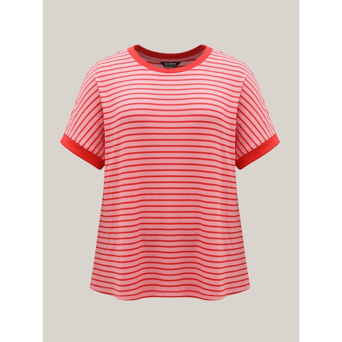 Plus Size Romantic Stripes Contrast T-Shirt Blush Women Gathered Round Neck Loose Everyday-Casual T-shirts BloomChic 10/M Product Image