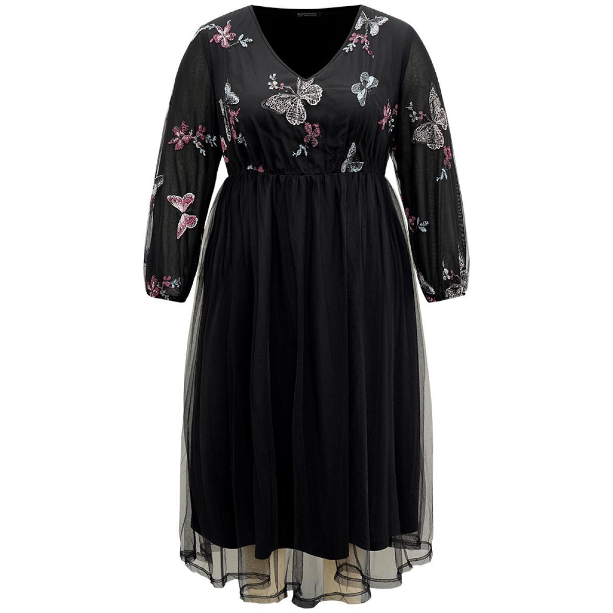 Plus Size Butterfly Embroidered Mesh Gathered Patchwork Dress Black Women Party Elastic cuffs V-neck Long Sleeve Curvy Midi Dress BloomChic 30/6X Product Image