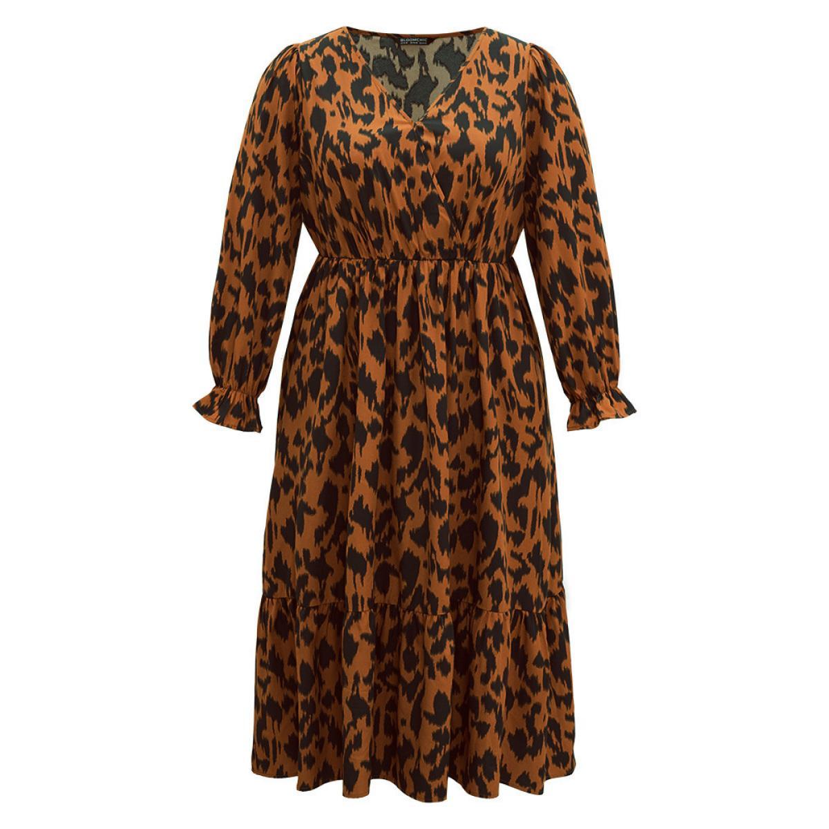 Plus Size Overlap Collar Leopard Gathered Ruffles Dress Chocolate Women Office Wrap Overlap Collar Long Sleeve Curvy Midi Dress BloomChic 28/5X Product Image