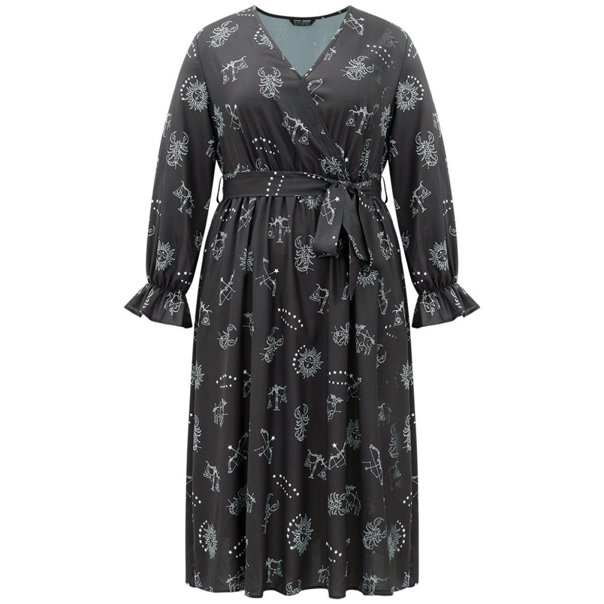 Plus Size Halloween Print Belted Pocket Wrap Split Hem Dress Black Women Elegant Elastic cuffs V-neck Long Sleeve Curvy Midi Dress BloomChic 18-20/2X Product Image