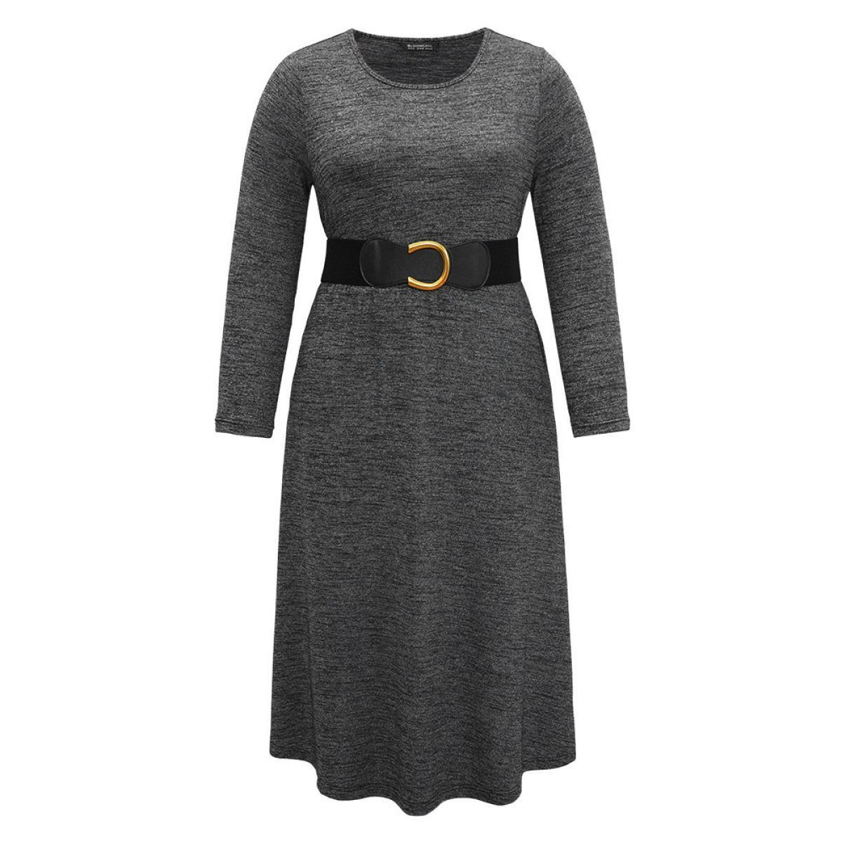 Plus Size Plain Heather Metal Buckle Detail Dress With Belt DimGray Women Casual Plain Round Neck Long Sleeve Curvy Midi Dress BloomChic 18-20/2X Product Image