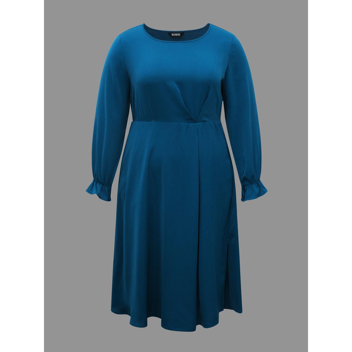 Plus Size Ruffle Cuff Elastic Waist Split Hem Dress Aegean Women At the Office Pleated Round Neck Long Sleeve Curvy BloomChic 12/L Product Image