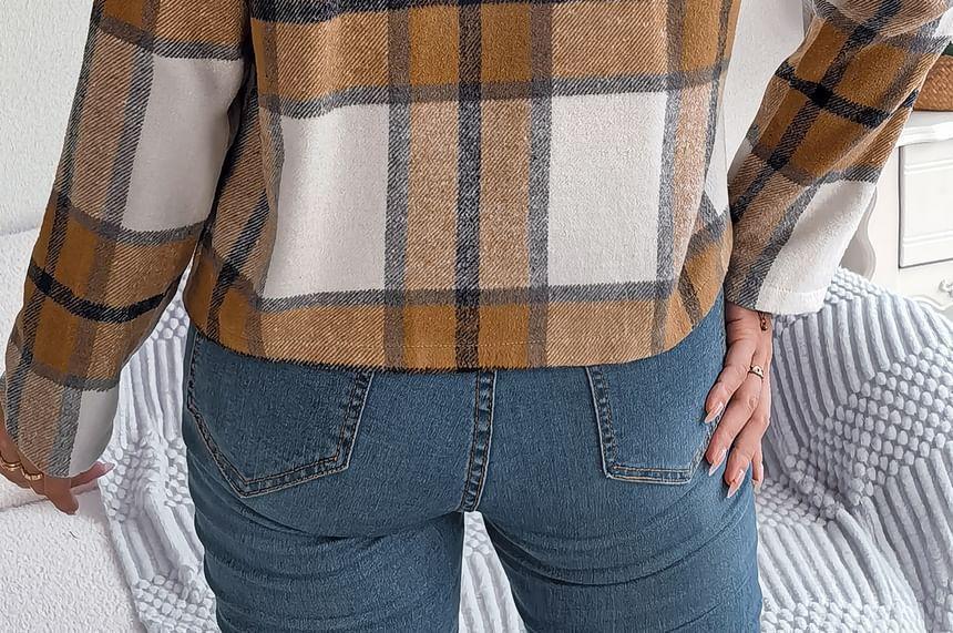 Stand Collar Plaid Open Front Jacket Product Image