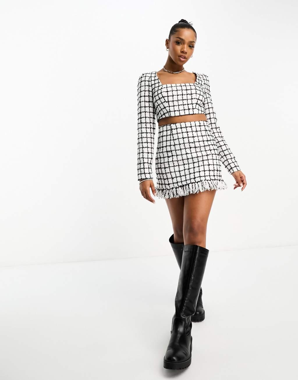 ASOS DESIGN boucle mini skirt with fringe detail in mono check - part of a set Product Image