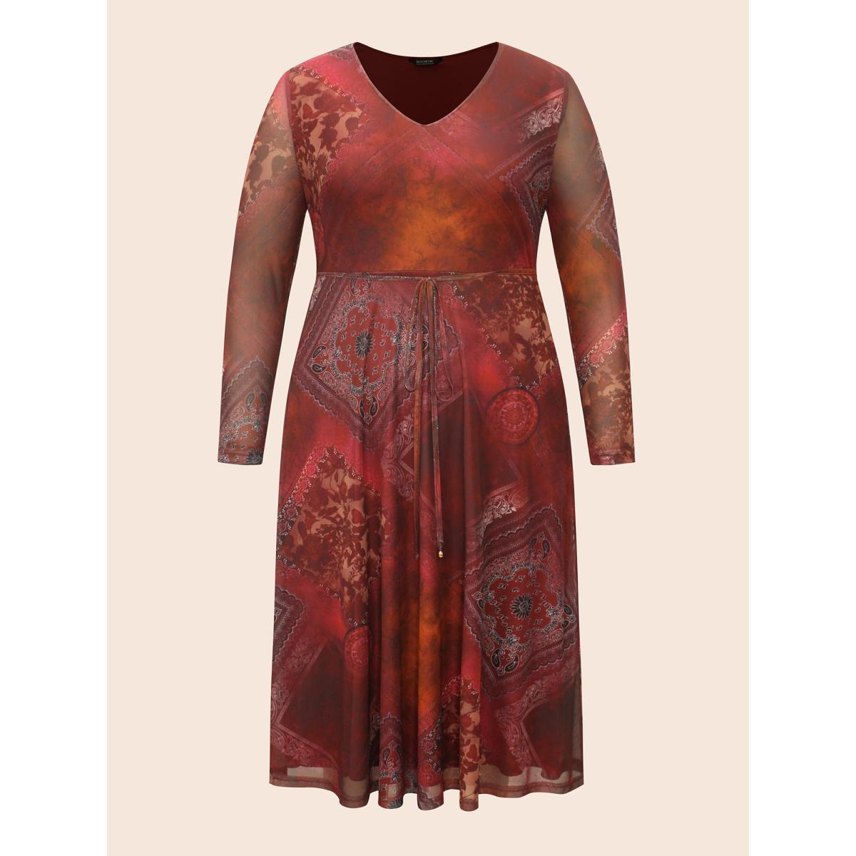 Plus Size Boho Print Belted Mesh Midi Dress Russet Women Elegant See through V-neck Long Sleeve Curvy BloomChic 12/L Product Image