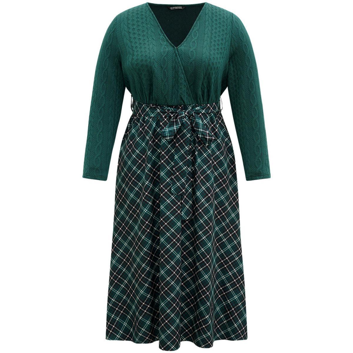 Plus Size Christmas Plaid Wrap Belted Cable Knit Dress Emerald Women Office Texture Overlap Collar Long Sleeve Curvy Midi Dress BloomChic 18-20/2X Product Image