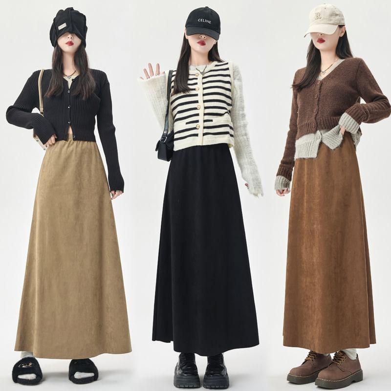 Elastic Waist Plain Faux Suede Midi A-Line Skirt Product Image