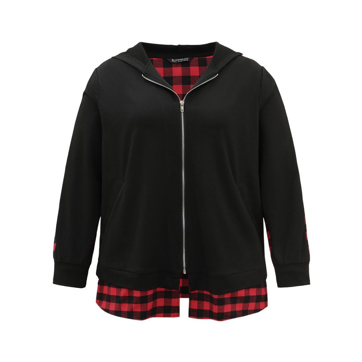 Plus Size Plaid Patchwork Zipper Hooded Asymmetrical Hem Jacket Women Black Contrast Pocket Dailywear Jackets BloomChic 10/M Product Image