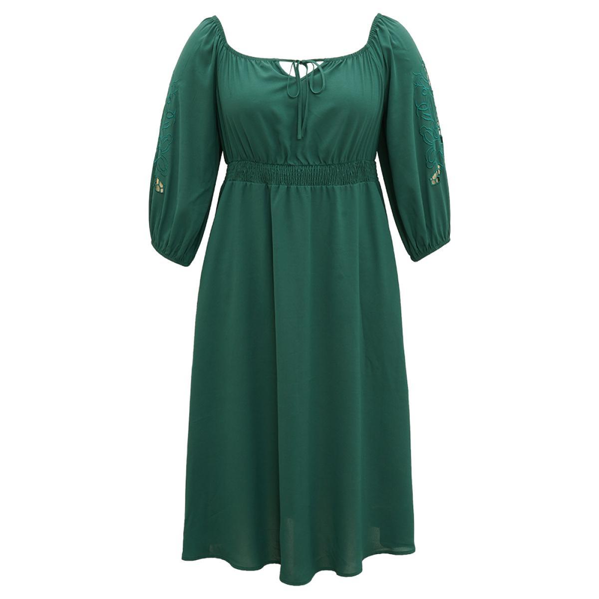 Plus Size Plain Tie Neck Cut Out Shirred Dress DarkGreen Women Elegant Elastic cuffs Square Neck Long Sleeve Curvy Midi Dress BloomChic 26/4X Product Image