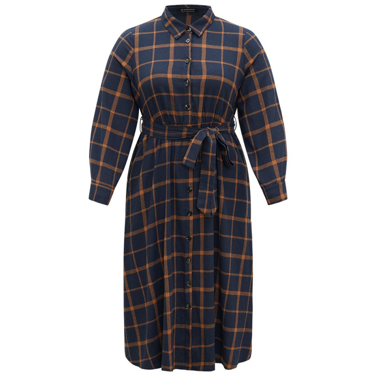 Plus Size Plaid Shirt Collar Button Fly Belted Dress Navy Women Office Belted Shirt collar Long Sleeve Curvy Midi Dress BloomChic 18-20/2X Product Image