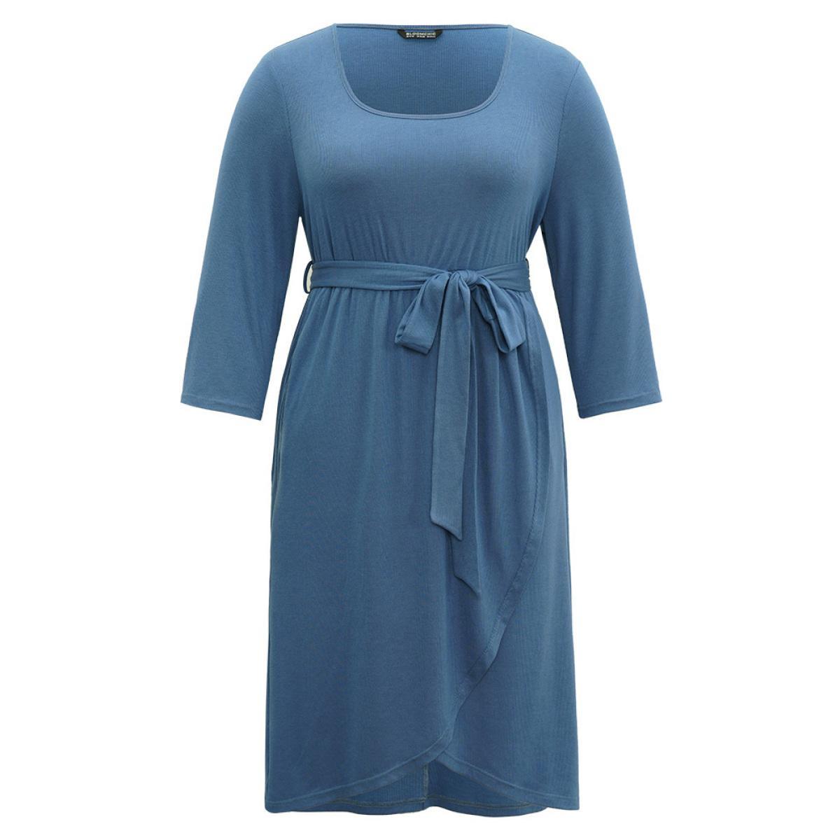 Plus Size Plain Square Neck Arc Hem Belted Wrap Dress Stone Women Office Wrap Square Neck Elbow-length sleeve Curvy Midi Dress BloomChic 30/6X Product Image