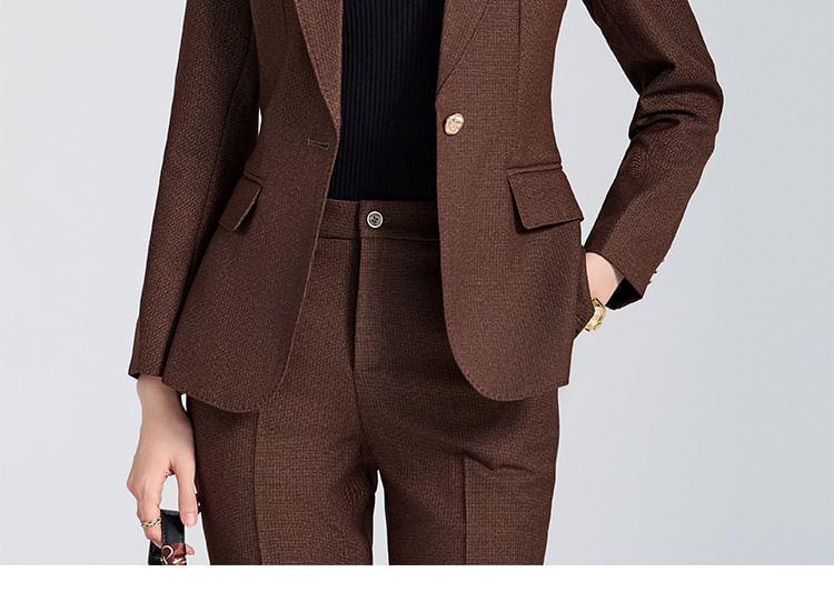 Set: Lapel Collar Plain Single Breasted Blazer + Mid Waist Plain Slacks Product Image