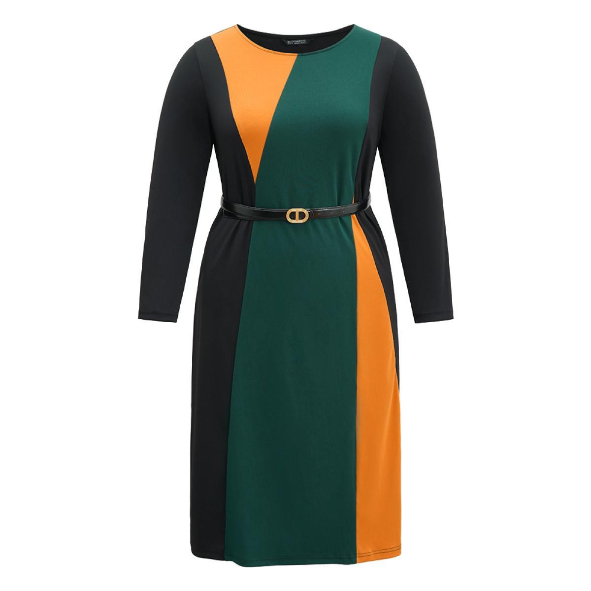 Plus Size Contrast Colorblock Pocket Long Sleeve Dress Green Women At the Office Belted Round Neck Long Sleeve Curvy Midi Dress BloomChic 26/4X Product Image