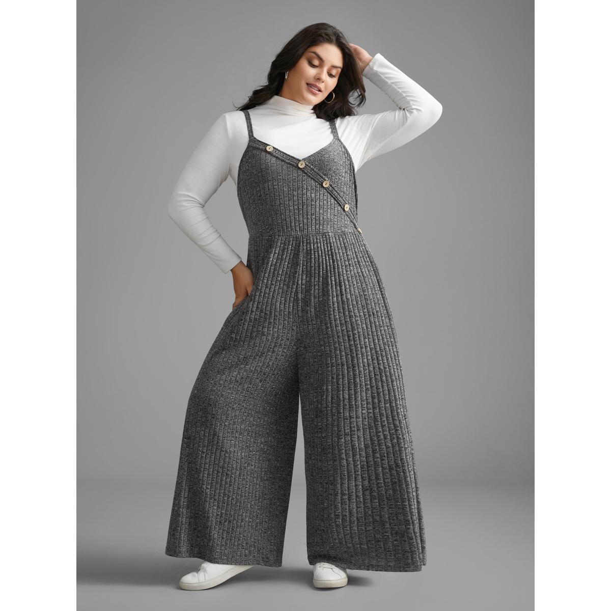 Plus Size DimGray Plain Rib Knit Button Detail Jumpsuit Women Casual Sleeveless Heart neckline Everyday Loose Jumpsuits BloomChic 14-16/1X Product Image
