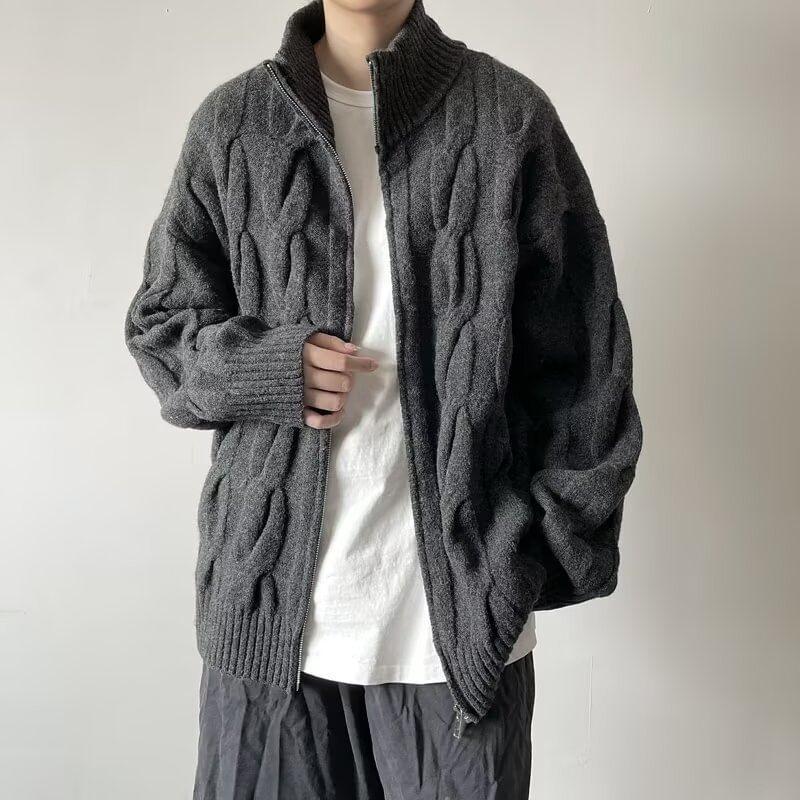 Stand Collar Plain Cable Knit Zip-Up Cardigan Product Image