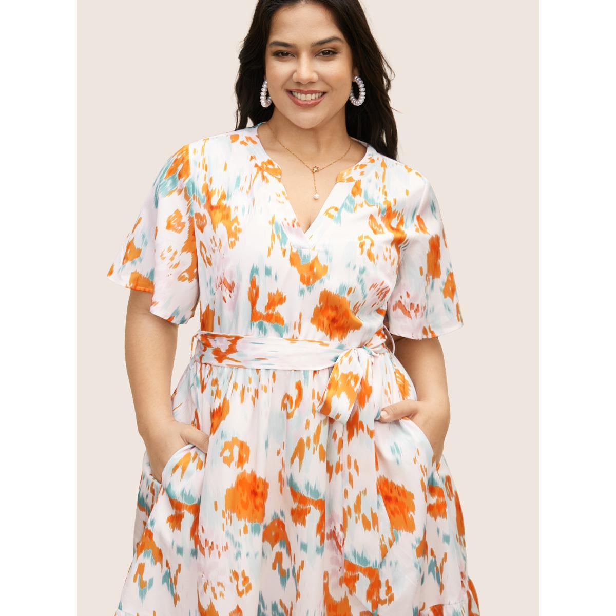Plus Size Notched Collar Colorblock Contrast Midi Dress Ivory Women Elegant Belted Notched collar Short sleeve Curvy BloomChic 22-24/3X Product Image