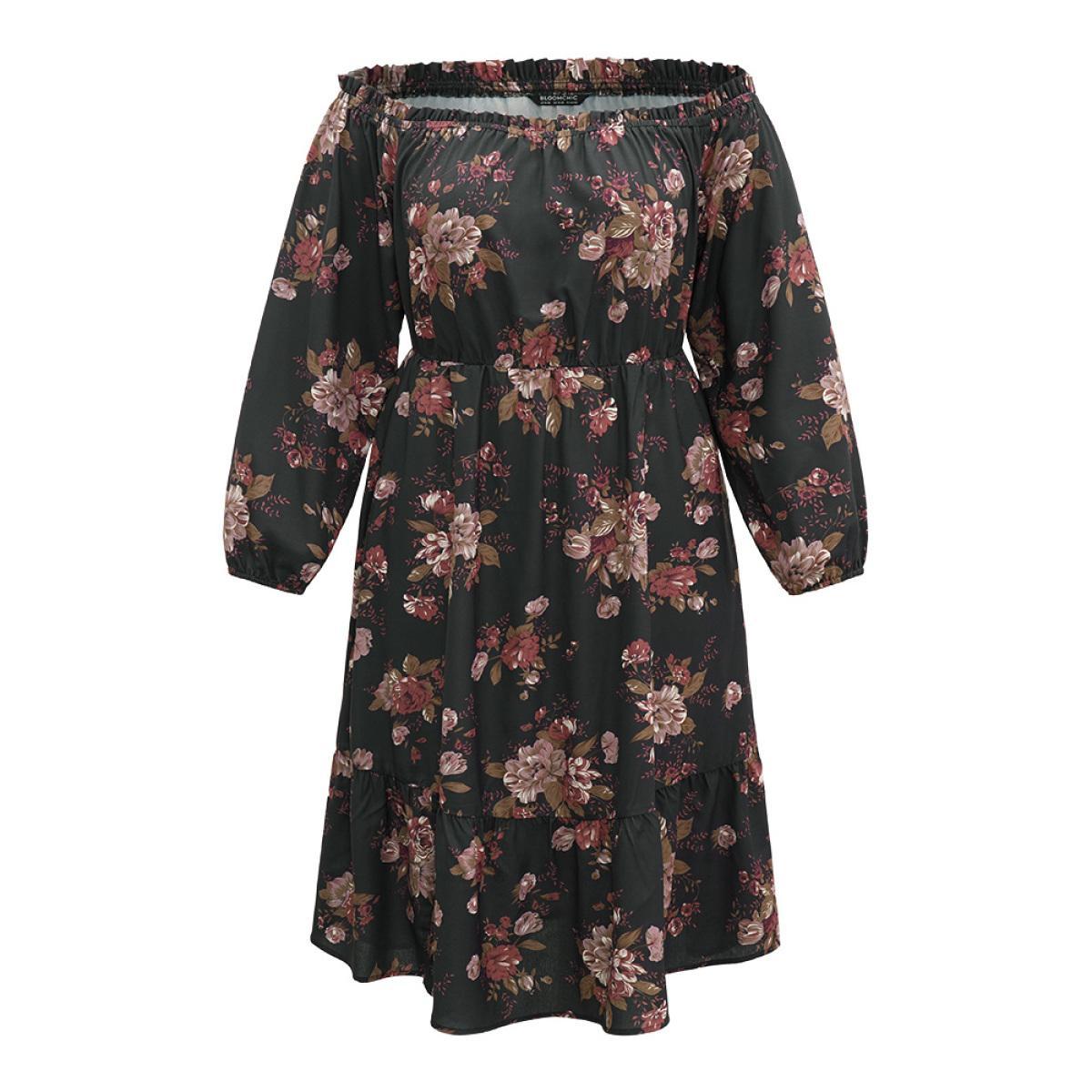 Plus Size Off Shoulder Floral Frill Trim Lantern Sleeve Dress Black Women Elegant Elastic cuffs One-shoulder neck Long Sleeve Curvy Midi Dress BloomChic 22-24/3X Product Image