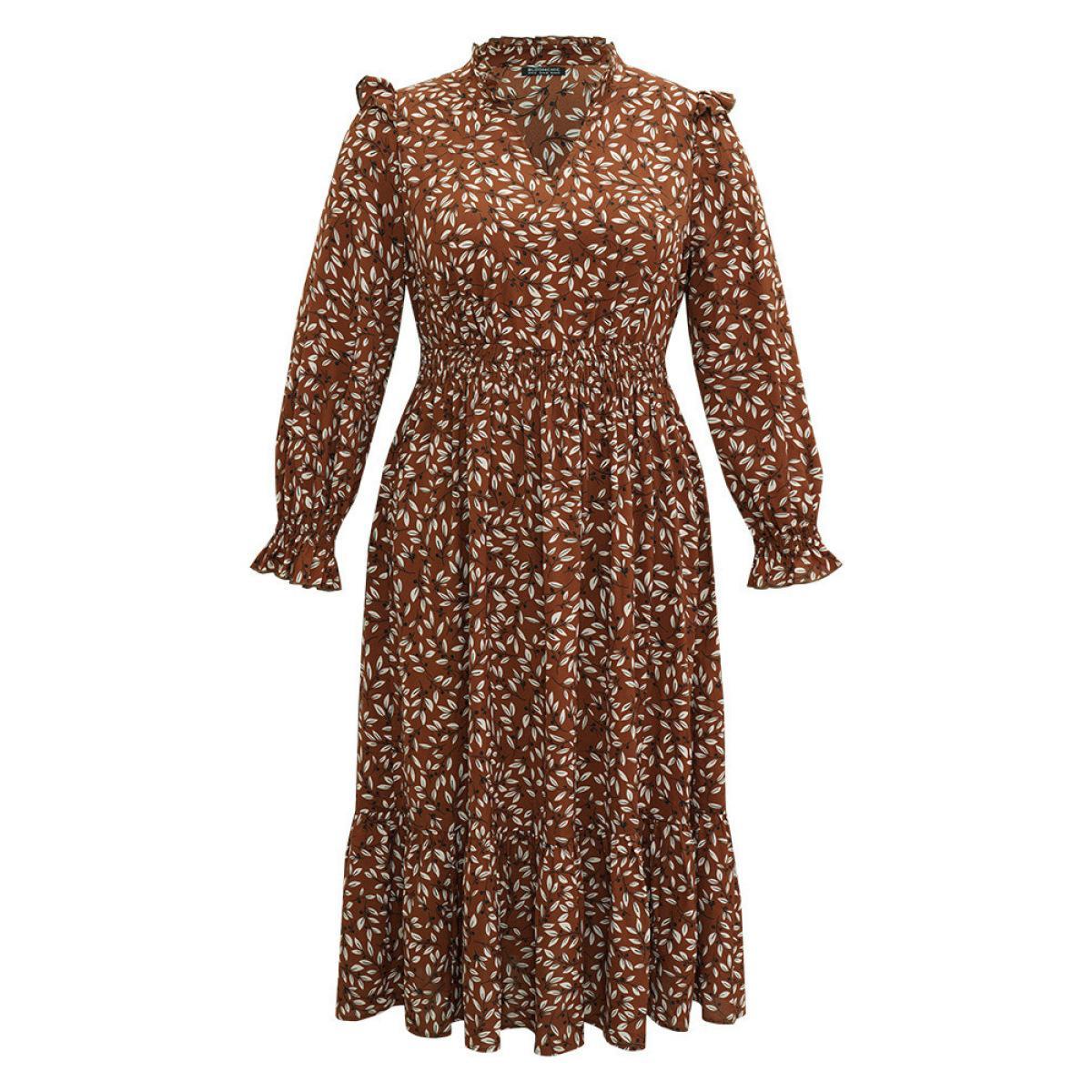 Plus Size Ditsy Floral Flutter Trim Pocket Shirred Dress DarkBrown Women Elegant Printed Notched collar Long Sleeve Curvy Midi Dress BloomChic 12/L Product Image