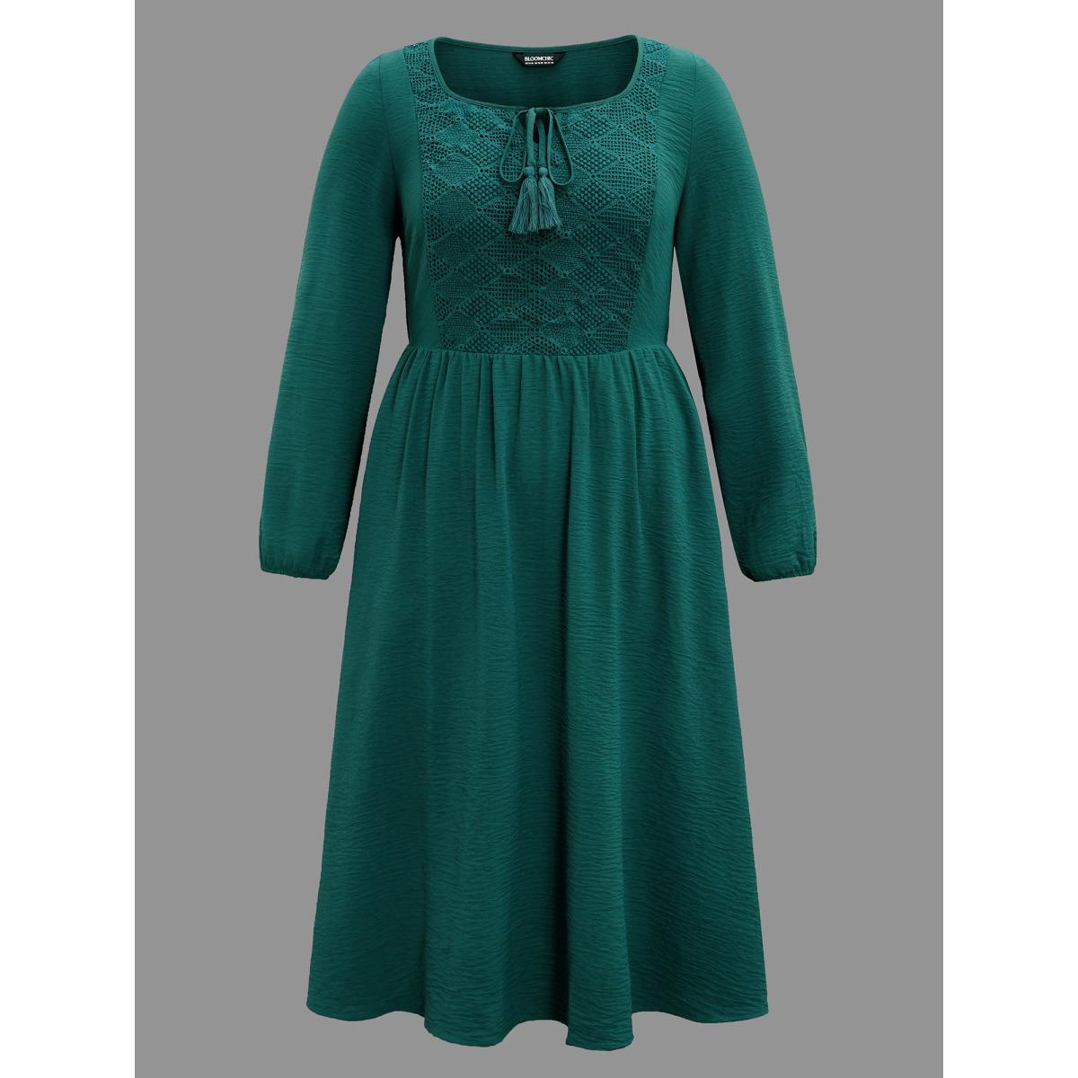 Plus Size Lace Neck Detail Tassels Midi Dress DarkGreen Women Resort Tie knot Square Neck Long Sleeve Curvy BloomChic 18-20/2X Product Image