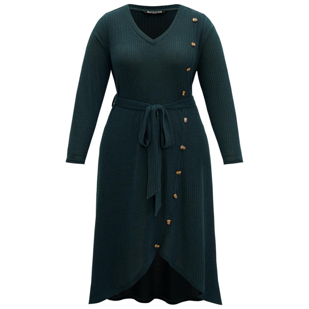 Plus Size Rib Knit Button Detail Belted Wrap Hem Dress Cyan Women Casual Texture V-neck Long Sleeve Curvy Midi Dress BloomChic 30/6X Product Image