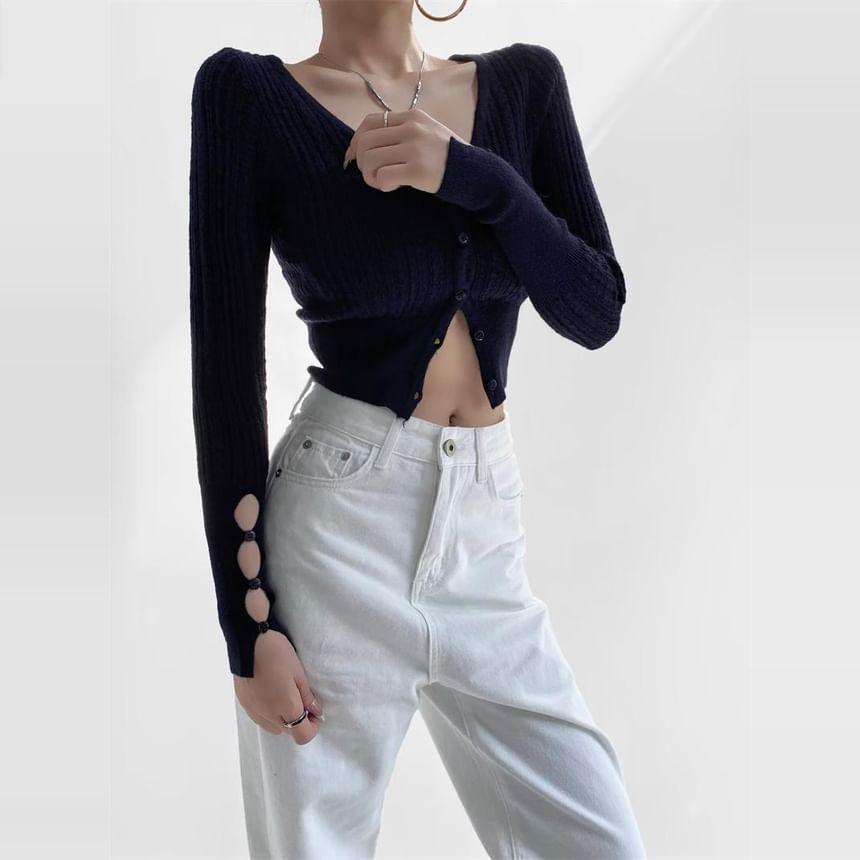 V-Neck Plain Cropped Cardigan Product Image